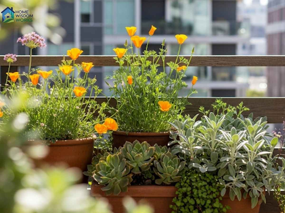 Lush urban container garden thriving on a Los Angeles apartment balcony with native plants
