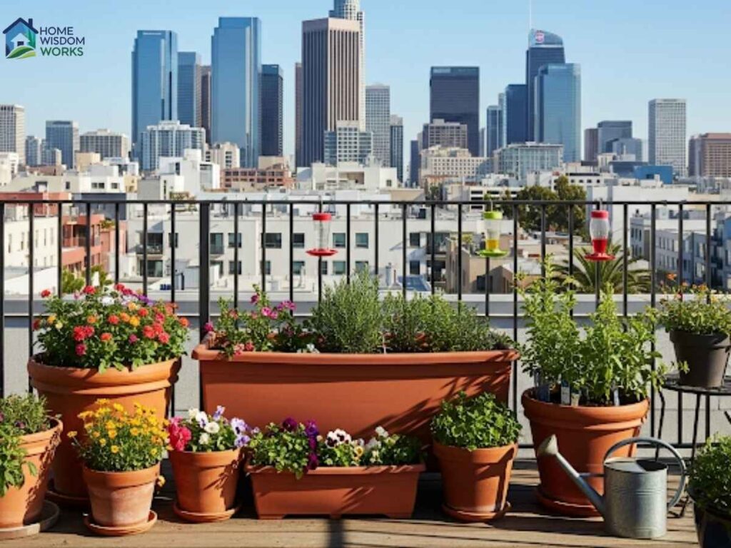 Urban Container Gardening Tips for Los Angeles Apartments 2 Container gardening setup on a sunny Los Angeles apartment rooftop with city skyline background