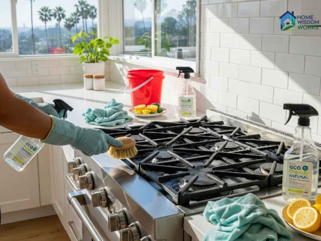 Gas Range Deep-Clean Hacks for Downtown San Diego Kitchens – Expert Advice for Los Angeles Homeowners 1 Gas range being deep-cleaned in a Los Angeles kitchen with eco-friendly products