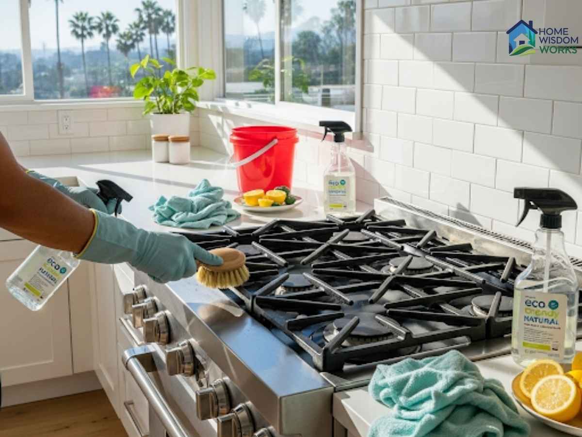 Gas range being deep-cleaned in a Los Angeles kitchen with eco-friendly products