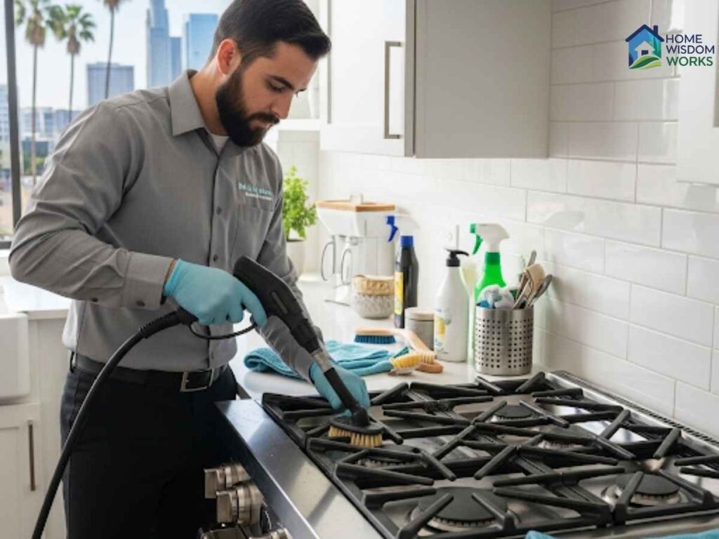 Gas Range Deep-Clean Hacks for Downtown San Diego Kitchens – Expert Advice for Los Angeles Homeowners 2 Professional technician deep-cleaning a gas stove in a Los Angeles apartment