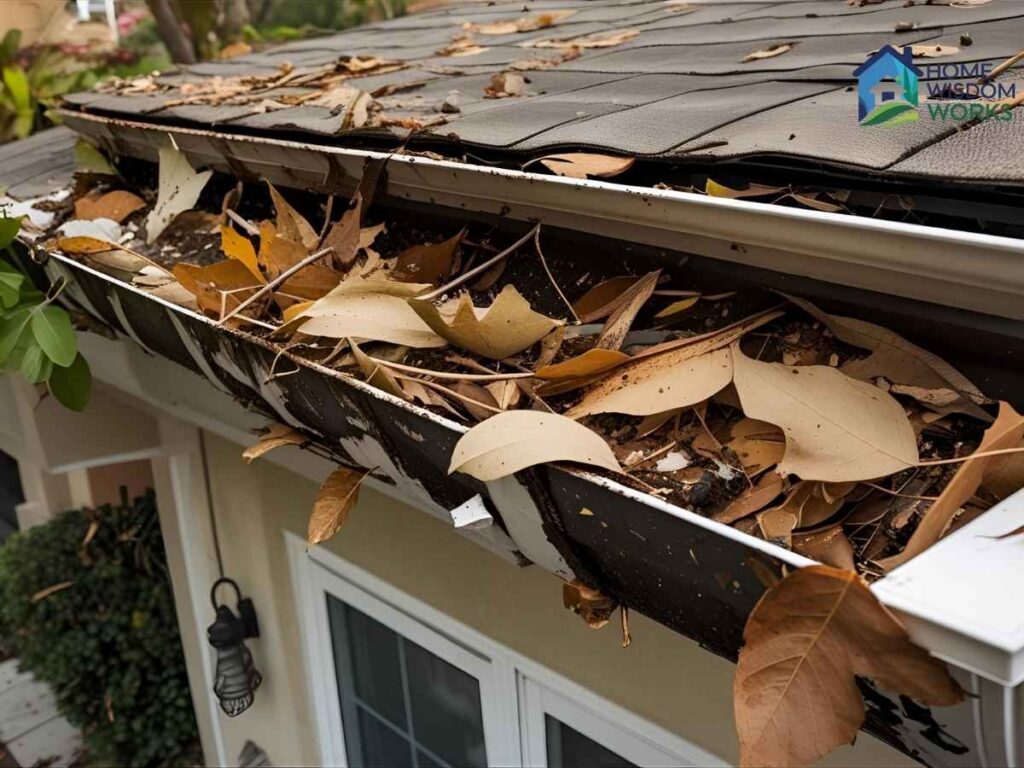 Arden-Arcade Gutter Cleaning Checklist: Los Angeles Edition 2 Clogged Los Angeles gutter with leaves and debris before cleaning in Arden-Arcade neighborhood