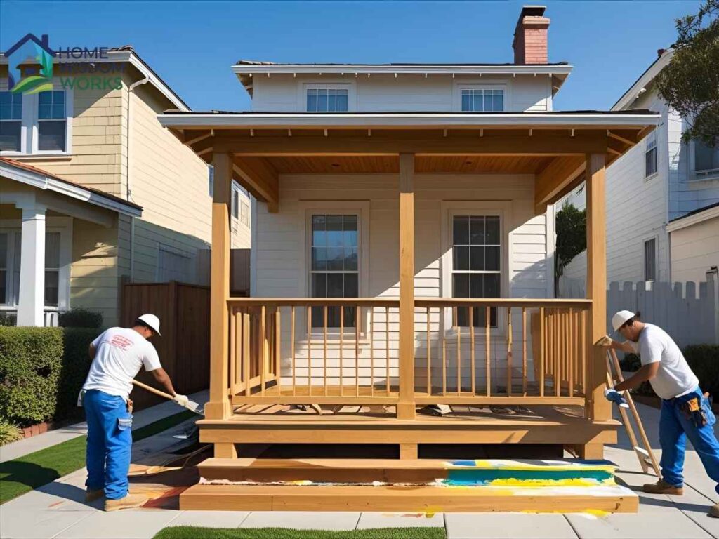 Duboce Triangle Porch Repair & Painting in Los Angeles 2 Contractors repairing and painting wooden porch in Los Angeles neighborhood